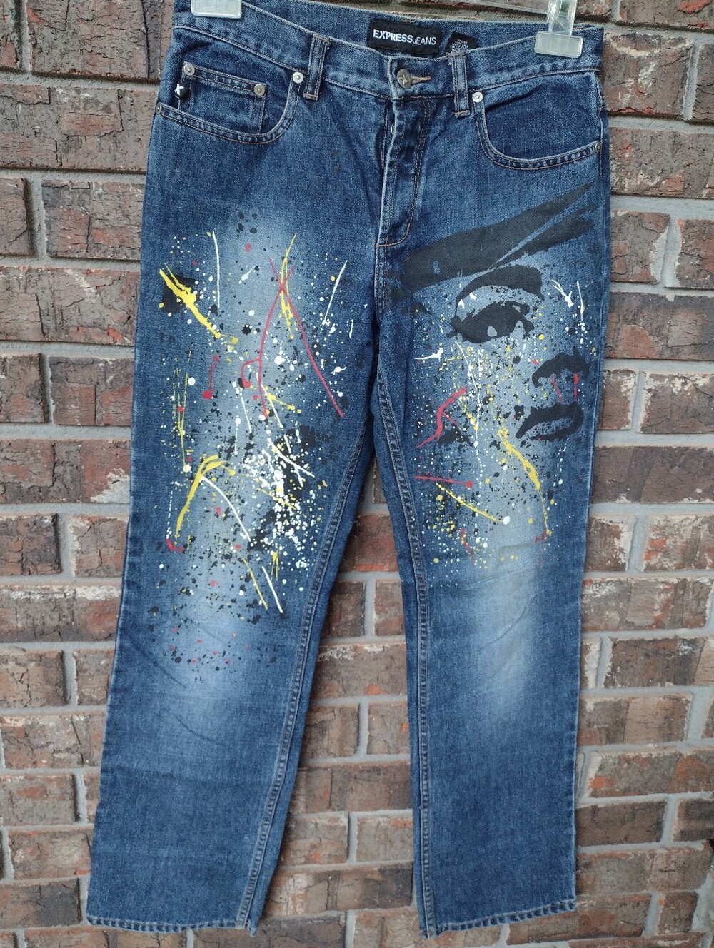 Express Blue Jeans Women's 7/8 Button Fly Paint-Splatter Face Silhouette